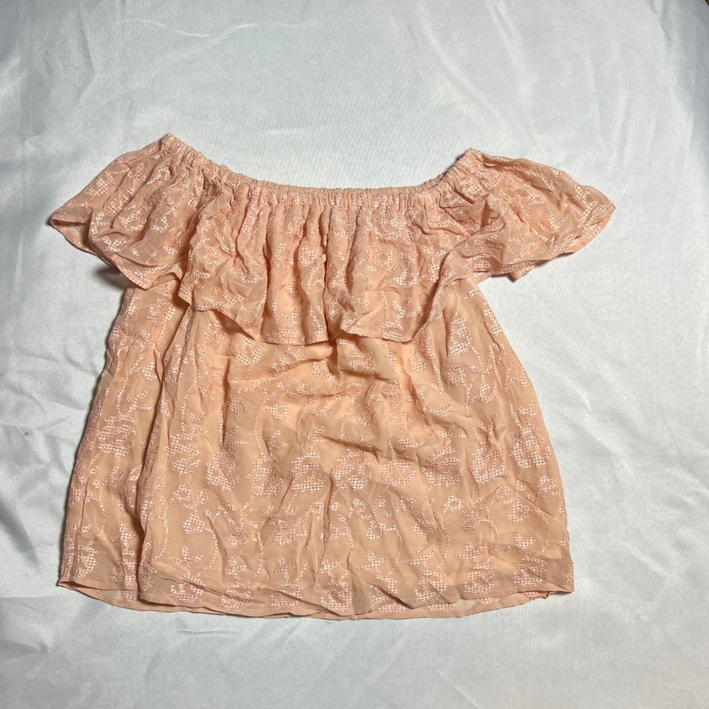 Lucky Brand Peach Floral‎ Embroidered Off Shoulder Ruffle Boho Top Womens Medium